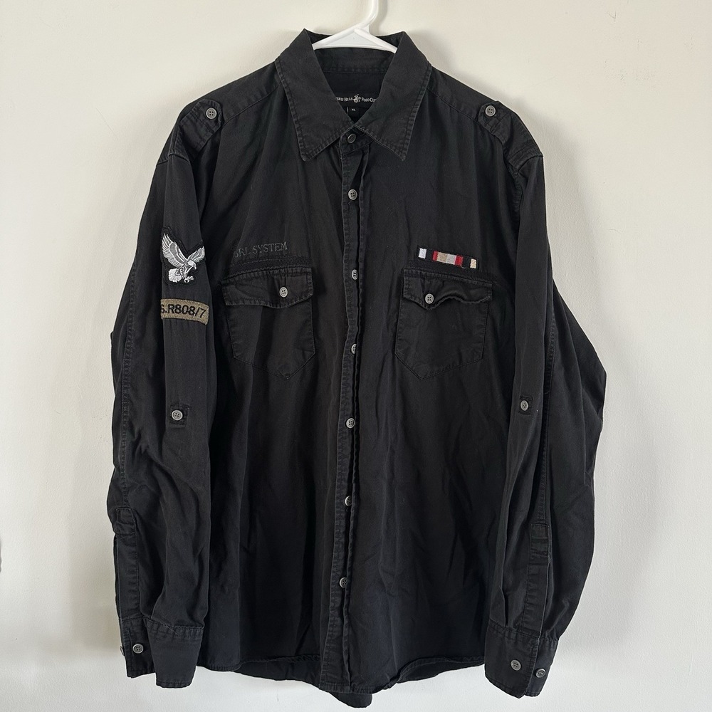Men's Beverly Hills Polo Club Button Up Short Black Patches Eagle Biker XL
